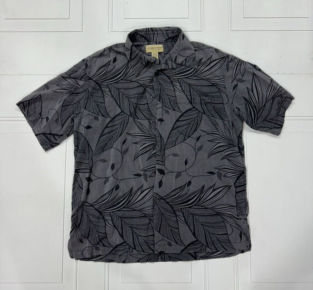 Cooke Street Mens Sz L Hawaiian Shirt Gray Button Up Silk Cotton Blend
